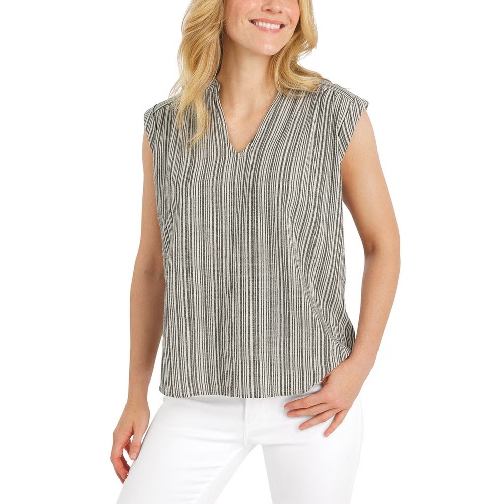 Lands' End Womens Cotton Blend Sleeveless Splitneck Blouse Striped Multi Size M